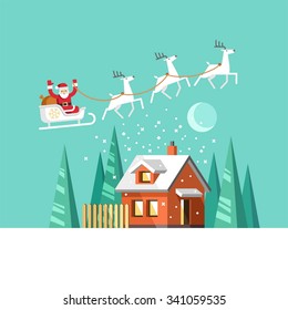 Santa Claus on sleigh and his reindeers. Winter house. Christmas card. Vector illustration, flat style.