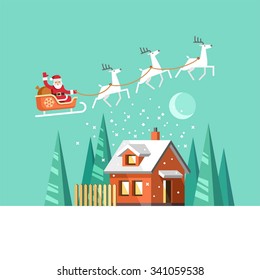 Santa Claus on sleigh and his reindeers. Winter house. Christmas card. Vector illustration, flat style.