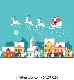 Santa Claus on sleigh and his reindeers. Winter town. Urban winter landscape. Christmas card. Vector illustration, flat style.