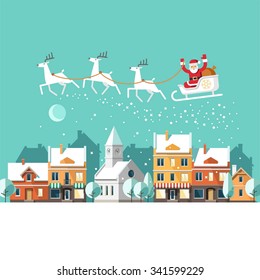 Santa Claus On Sleigh And His Reindeers. Winter Town. Urban Winter Landscape. Christmas Card. Vector Illustration, Flat Style.