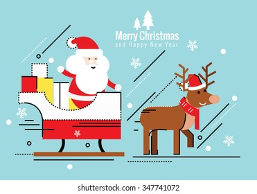 Santa Claus on sleigh and his reindeer. christmas and happy new year concept. flat thin line design elements. vector illustration