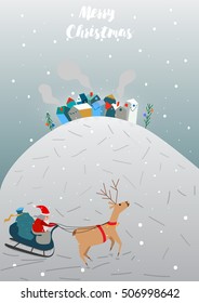 Santa Claus on sleigh and his reindeer. Winter houses. Christmas card. Vector illustration.