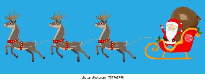 Santa Claus on Sleigh and His Reindeers, Father Christmas, Cartoon Character Hand Drawn Vector Illustration EPS 10