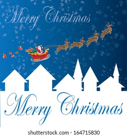 santa claus on sleigh over snowy city