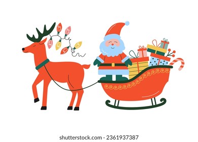  Santa claus on a sleigh with piles of presents. And deer with Christmas lights. Vector illustration