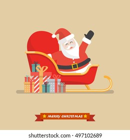 Santa claus on a sleigh with piles of presents. Vector illustration