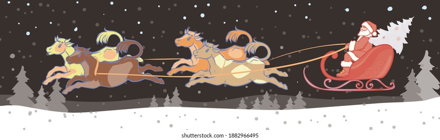 Santa Claus on a sleigh pulled by a team of cows flies over a snow-covered field with Christmas trees