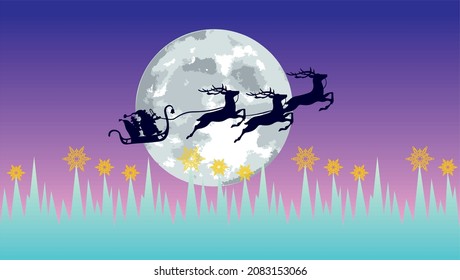 Santa Claus on a sleigh pulled by reindeer flies against the background of the full moon on a dark blue night over a fairy forest with snowflakes and stars