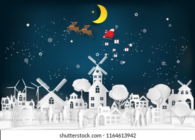 Santa Claus on Sleigh and Reindeer over Snowman on snowflakes and merry christmas in the winter background as holiday and x'mas day concept. vector illustration.