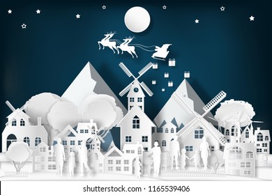 Santa Claus on Sleigh and Reindeer over the snow city and merry christmas in the winter background as holiday and x'mas day concept. vector illustration.