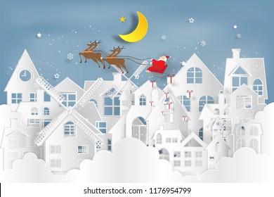 Santa Claus on Sleigh and Reindeer over the snow city clouds and merry christmas in the winter background as holiday and x'mas day concept. vector illustration.