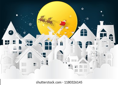 Santa Claus on Sleigh and Reindeer over the snow city clouds and merry christmas in the winter background as holiday and x'mas day concept. vector illustration.