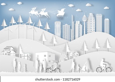 Santa Claus on Sleigh and Reindeer , People come out to celebrate merry christmas in the winter background as holiday and x'mas day concept. vector illustration.