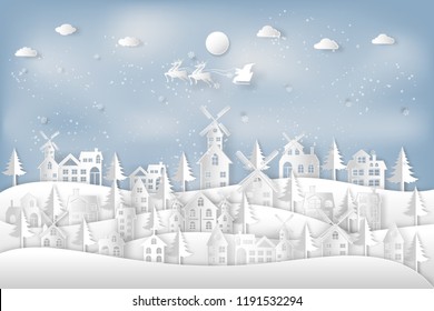 Santa Claus on Sleigh and Reindeer in the snow village in the winter background as holiday and x'mas day concept. vector illustration.