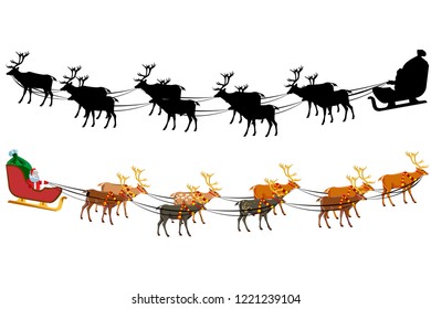 Santa Claus on a sleigh with reindeer, with a handful of gifts. Silhouette of santa claus. Illustration on white background.