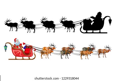 Santa Claus on a sleigh with reindeer, with a handful of gifts. Silhouette of santa claus. Illustration on white background.