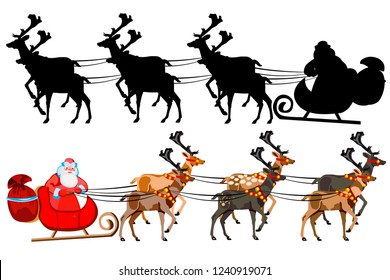 Santa Claus on a sleigh with reindeer, with a handful of gifts. Silhouette of santa claus. Illustration on white background.