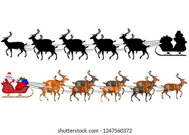 Santa Claus on a sleigh with reindeer, with a handful of gifts. Silhouette of santa claus. Illustration on white background.