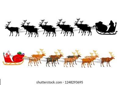 Santa Claus on a sleigh with reindeer, with a bag full of gifts. Silhouette of Santa Claus. Illustration on white background.