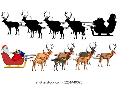 Santa Claus on a sleigh with reindeer, with a handful of gifts. Silhouette of santa claus. Illustration on white background.