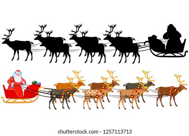 Santa Claus on a sleigh with reindeer, with a handful of gifts. Silhouette of santa claus. Illustration on white background.