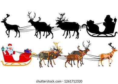 Santa Claus on a sleigh with reindeer, with a handful of gifts. Silhouette of santa claus. Illustration on white background.