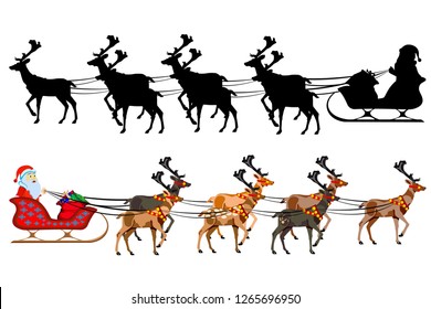 Santa Claus on a sleigh with reindeer, with a handful of gifts. Silhouette of santa claus. Illustration on white background.