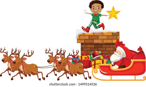 Santa Claus on sleigh with reindeer and elf illustration