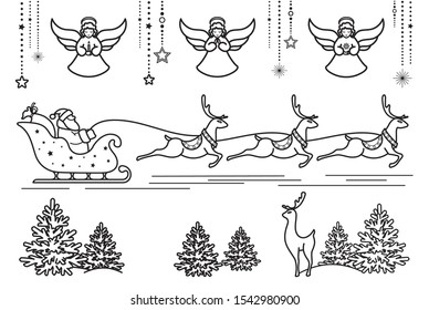 Santa Claus on sleigh with reindeer. Christmas angels, garlands and decorations.  Merry Christmas and New year. Design element  poster, banner, invitation, postcards. Isolated . Vector illustration