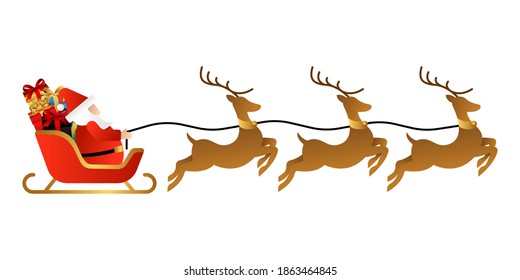 Santa Claus on a sleigh with reindeer vector illustration isolated on white background. Christmas Santa Claus in trendy flat design style. Santa Claus vector design for Christmas decoration elements