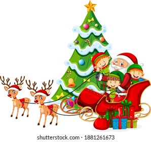 Santa Claus on sleigh with reindeer and many kids wear elf costume on white background illustration