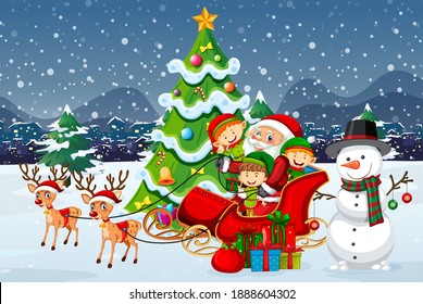 Santa Claus on sleigh with reindeer and many kids wear elf costume in snow scene illustration