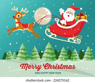 Santa Claus on sleigh with reindeer in snowy Christmas night landscape