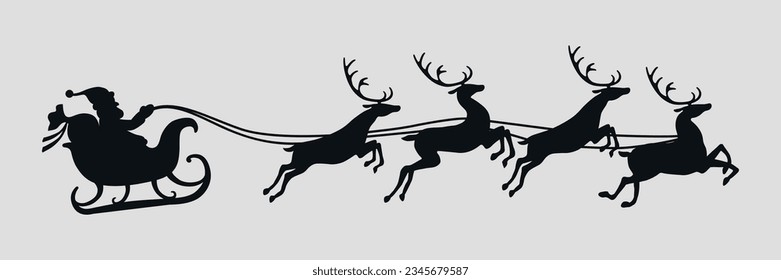 Santa Claus on a sleigh with reindeer. Black silhouette. Vector on gray background