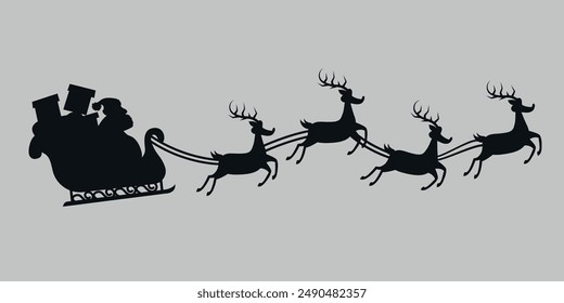 Santa Claus on a sleigh with reindeer. Black silhouette. Vector on gray background