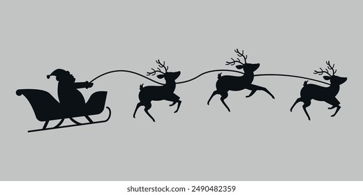 Santa Claus on a sleigh with reindeer. Black silhouette. Vector on gray background