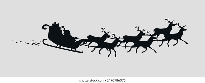 Santa Claus on a sleigh with reindeer. Black silhouette. Vector on gray background	