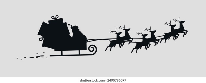 Santa Claus on a sleigh with reindeer. Black silhouette. Vector on gray background	