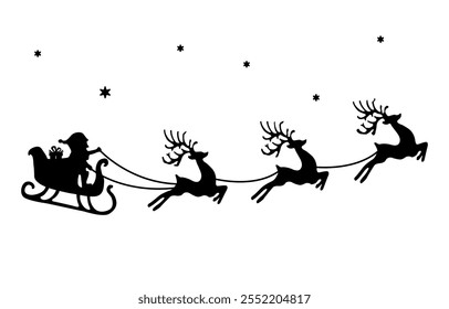 Santa Claus on a sleigh with reindeer. Black silhouette