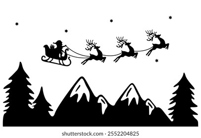 Santa Claus on a sleigh with reindeer. Black silhouette