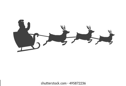 Santa Claus on sleigh with reindeer vector silhouette. Winter holidays symbol. Christmas and New Year celebrating. For seasonal advertising, greeting cards, prints design. Isolated on white background