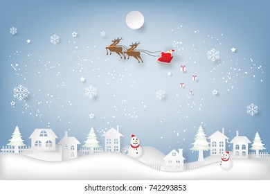 Santa Claus on Sleigh and Reindeer over Snowman on snowflakes and merry christmas in the winter background as holiday and x'mas day concept. vector illustration.