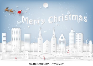 Santa Claus on Sleigh, Reindeer and Snowman on snowflakes and merry christmas in the winter background as holiday, x'mas day and paper art concept. vector illustration.