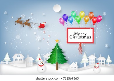 Santa Claus on Sleigh, Reindeer, x'mas tree and Snowman on snowflakes in the winter background with merry christmas balloons and red ribbonas holiday, x'mas day and paper art and craft style concept.