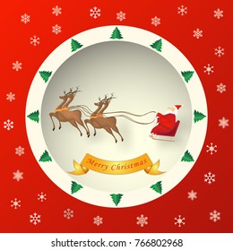 Santa Claus on Sleigh, Reindeer in the circle Christmas tree and snowflake on red background as Merry Christmas, paper art and craft style concept. vector illustration