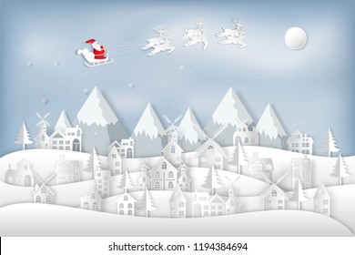 Santa Claus on Sleigh and reindeers on the snow earth or world in the winter background as holiday and x'mas day concept. vector illustration.