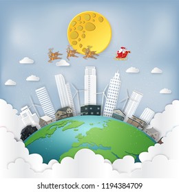 Santa Claus on Sleigh and reindeers on the snow earth or world in the winter background as holiday and x'mas day concept. vector illustration.