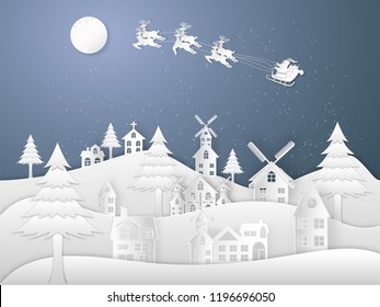 Santa Claus on Sleigh and Reindeers in the snow village in the winter background as holiday and x'mas day concept. vector illustration.