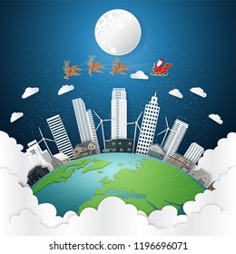 Santa Claus on Sleigh and reindeers on the snow earth or world in the winter background as holiday and x'mas day concept. vector illustration.