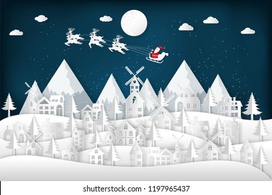 Santa Claus on Sleigh and Reindeers in the snow village in the winter background as holiday and x'mas day concept. vector illustration.